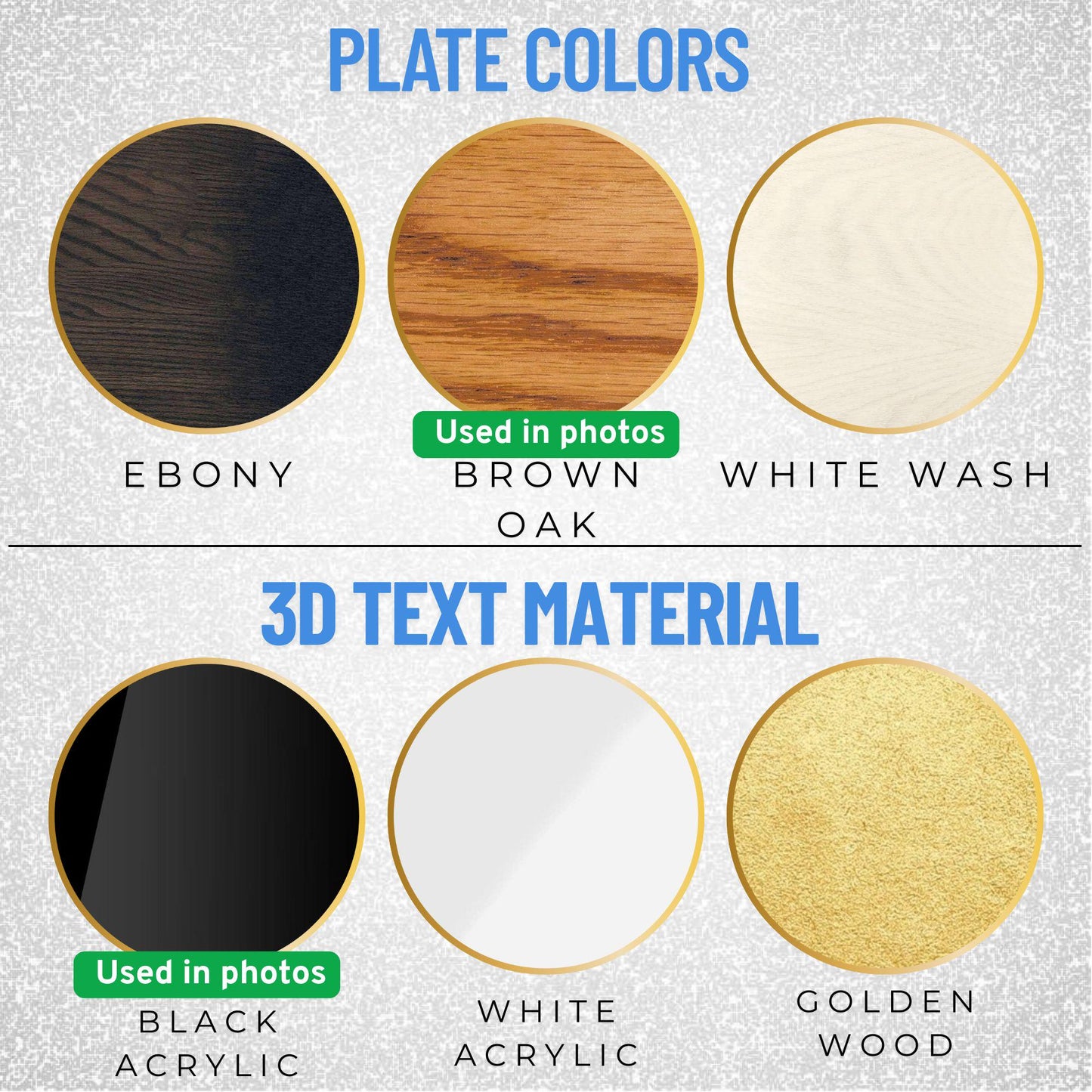 Available color options for personalized wooden Mom sign – brown oak, ebony, white wash – black acrylic, golden wood, white acrylic