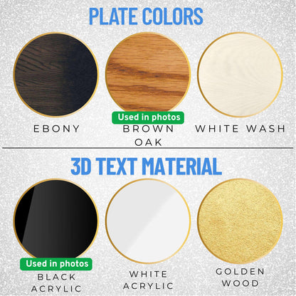 Available color options for personalized wooden Mom sign – brown oak, ebony, white wash – black acrylic, golden wood, white acrylic