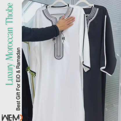 Moroccan Style Men's Thobe – Traditional Embroidered Islamic Caftan Jalabiya Robe | Muslim Clothing for Eid, Ramadan & Prayer