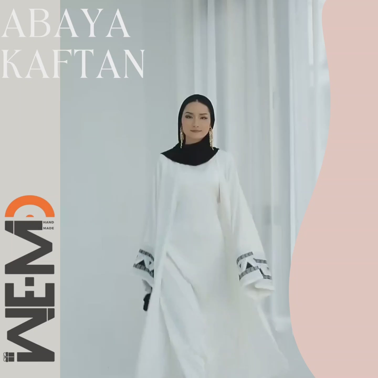 Model wearing black and white abaya – modest outfit for hijabi women
Modern white abaya kaftan dress – elegant and breathable – perfect for special Islamic events