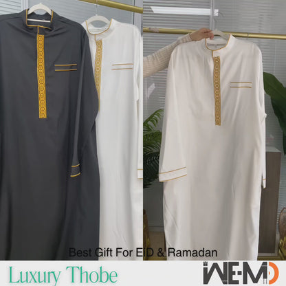 Luxury Embroidered Men’s Thobe – Muslim Kaftan Robe | Arabic Galabiya Jubba | Eid Outfit | Islamic Wear for Men