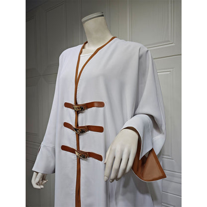 Luxury Dubai Style Abaya for Women – Buckle Kaftan Thobe | Modest Muslim Jilbab Dress | Open Kimono Cardigan for Eid, Ramadan, Prayer, Nikkah