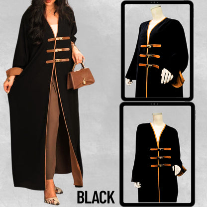 Luxury Dubai Style Abaya for Women – Buckle Kaftan Thobe | Modest Muslim Jilbab Dress | Open Kimono Cardigan for Eid, Ramadan, Prayer, Nikkah