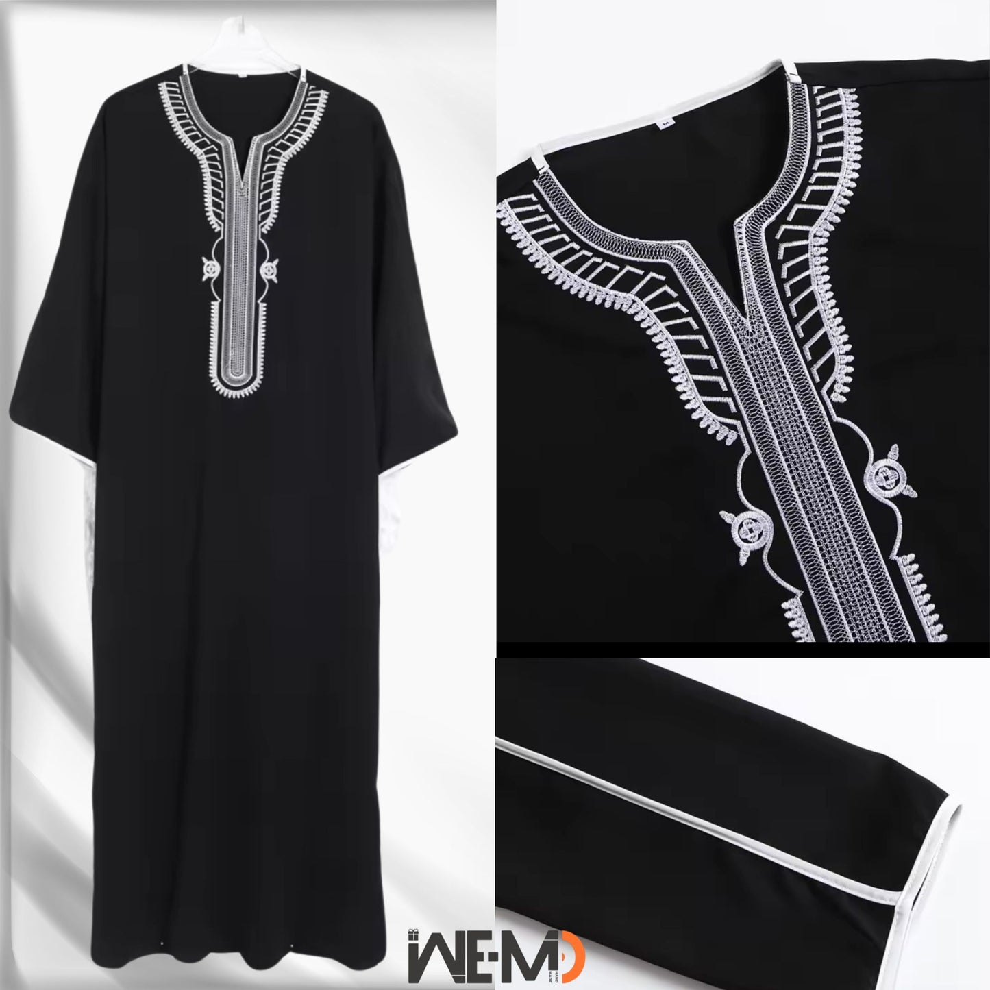 Moroccan Style Men's Thobe – Traditional Embroidered Islamic Caftan Jalabiya Robe | Muslim Clothing for Eid, Ramadan & Prayer