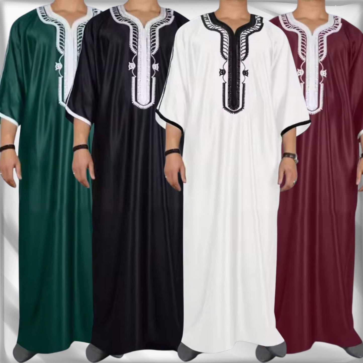 Moroccan Style Men's Thobe – Traditional Embroidered Islamic Caftan Jalabiya Robe | Muslim Clothing for Eid, Ramadan & Prayer