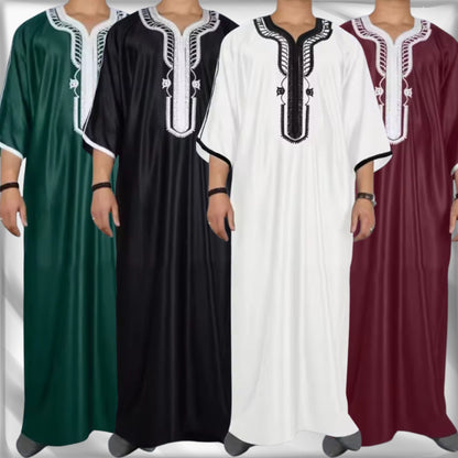 Moroccan Style Men's Thobe – Traditional Embroidered Islamic Caftan Jalabiya Robe | Muslim Clothing for Eid, Ramadan & Prayer