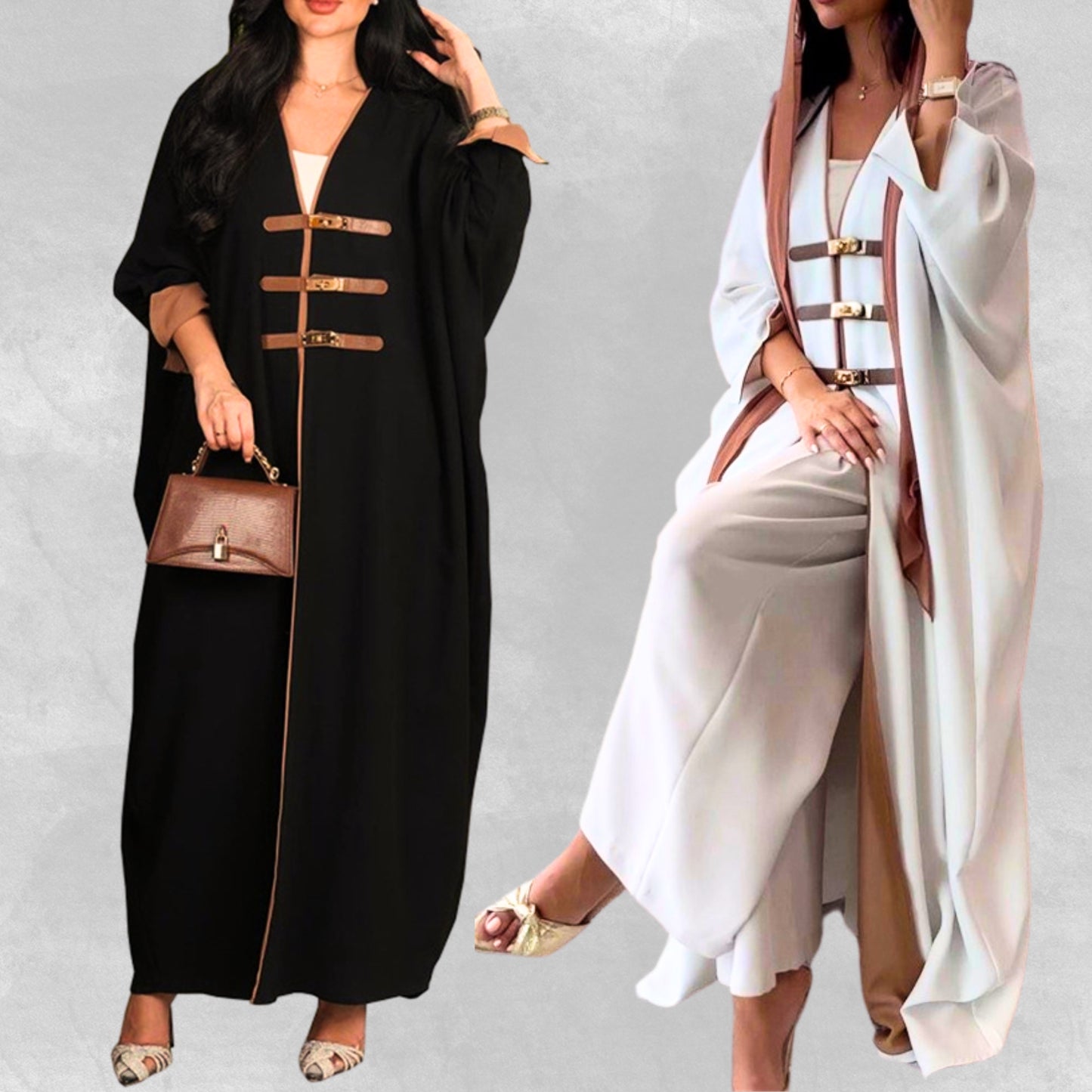 Luxury Dubai Style Abaya for Women – Buckle Kaftan Thobe | Modest Muslim Jilbab Dress | Open Kimono Cardigan for Eid, Ramadan, Prayer, Nikkah