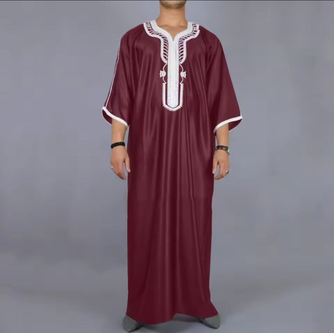 Moroccan Style Men's Thobe – Traditional Embroidered Islamic Caftan Jalabiya Robe | Muslim Clothing for Eid, Ramadan & Prayer
