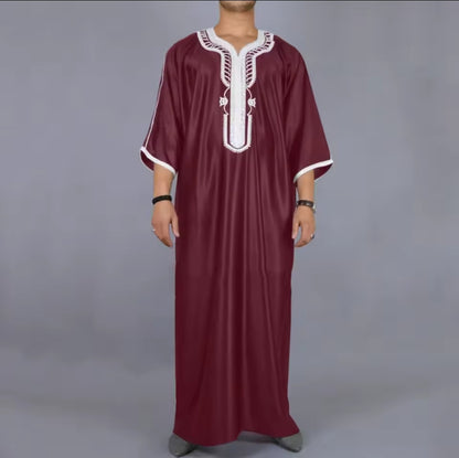 Moroccan Style Men's Thobe – Traditional Embroidered Islamic Caftan Jalabiya Robe | Muslim Clothing for Eid, Ramadan & Prayer