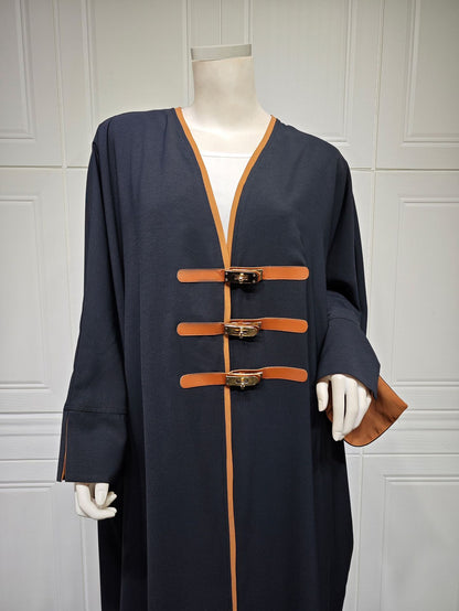 Luxury Dubai Style Abaya for Women – Buckle Kaftan Thobe | Modest Muslim Jilbab Dress | Open Kimono Cardigan for Eid, Ramadan, Prayer, Nikkah