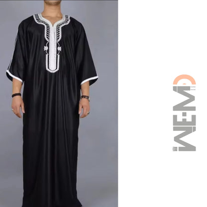 Moroccan Style Men's Thobe – Traditional Embroidered Islamic Caftan Jalabiya Robe | Muslim Clothing for Eid, Ramadan & Prayer