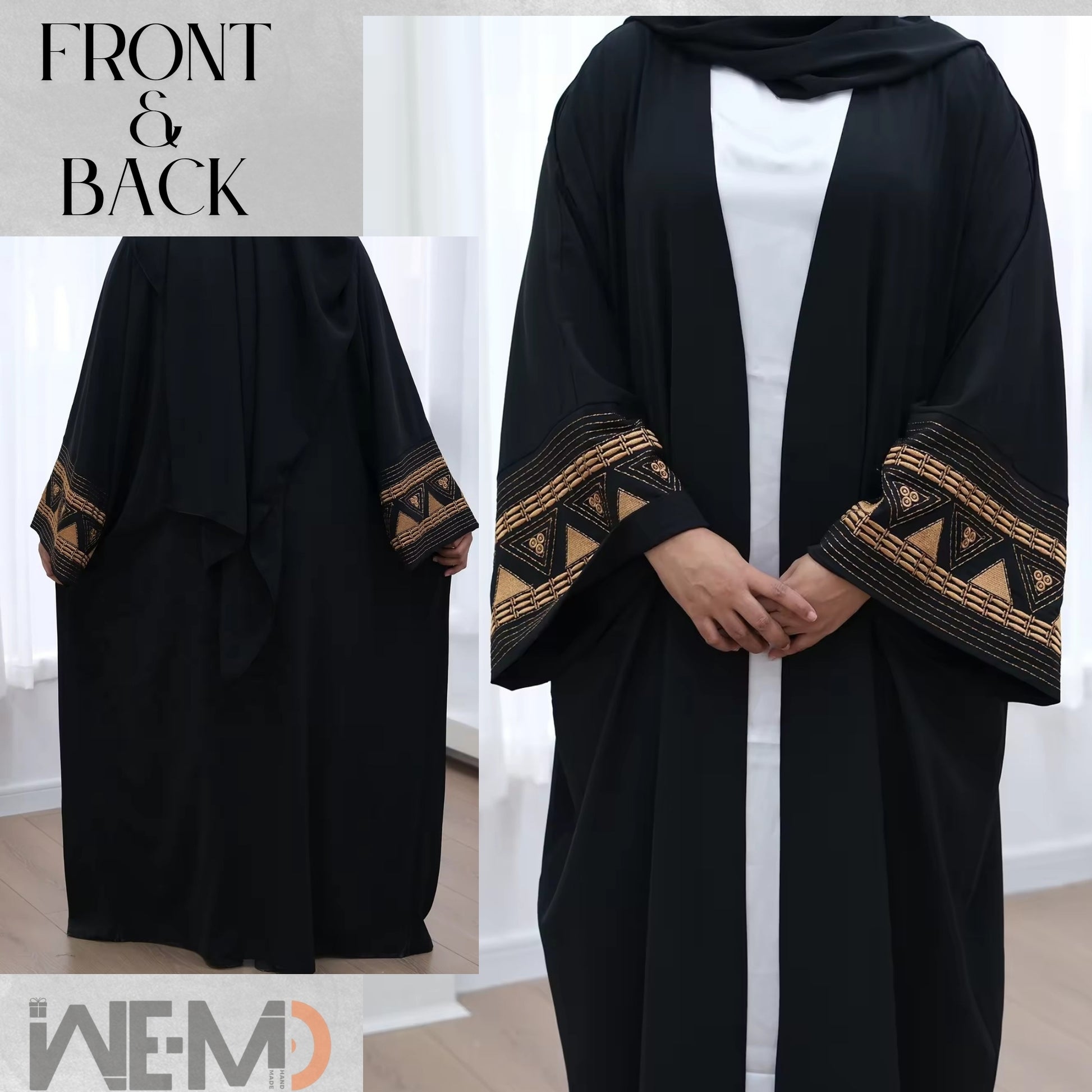 Back and front view of black abaya with golden embroidery – open style kaftan for women