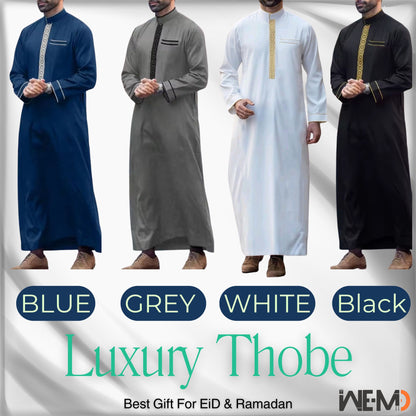 Luxury Embroidered Men’s Thobe – Muslim Kaftan Robe | Arabic Galabiya Jubba | Eid Outfit | Islamic Wear for Men