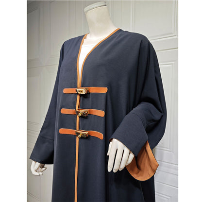 Luxury Dubai Style Abaya for Women – Buckle Kaftan Thobe | Modest Muslim Jilbab Dress | Open Kimono Cardigan for Eid, Ramadan, Prayer, Nikkah