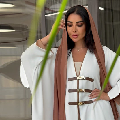 Luxury Dubai Style Abaya for Women – Buckle Kaftan Thobe | Modest Muslim Jilbab Dress | Open Kimono Cardigan for Eid, Ramadan, Prayer, Nikkah