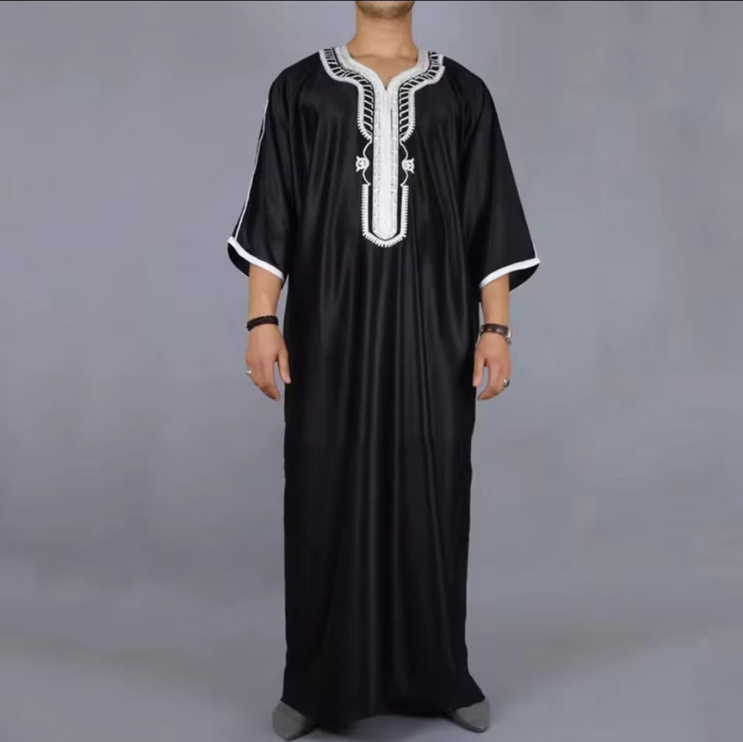 Moroccan Style Men's Thobe – Traditional Embroidered Islamic Caftan Jalabiya Robe | Muslim Clothing for Eid, Ramadan & Prayer