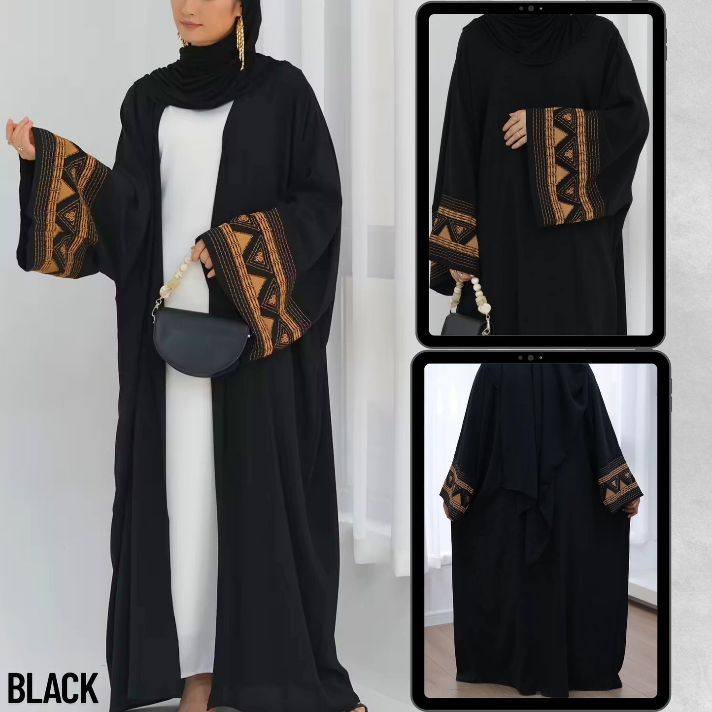 Islamic abaya set – black kaftan with white inner dress – stylish Muslim fashion outfit