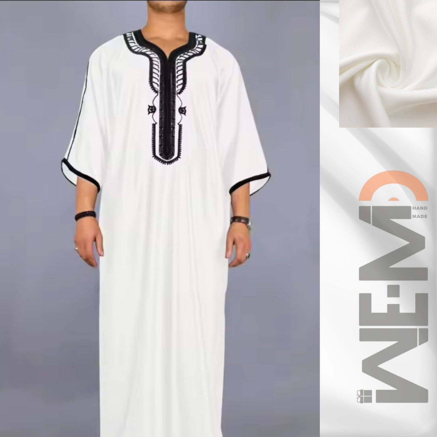 Moroccan Style Men's Thobe – Traditional Embroidered Islamic Caftan Jalabiya Robe | Muslim Clothing for Eid, Ramadan & Prayer