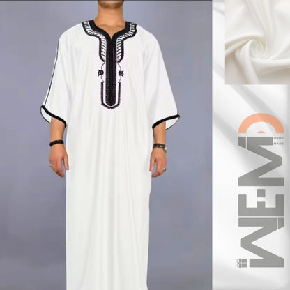 Moroccan Style Men's Thobe – Traditional Embroidered Islamic Caftan Jalabiya Robe | Muslim Clothing for Eid, Ramadan & Prayer