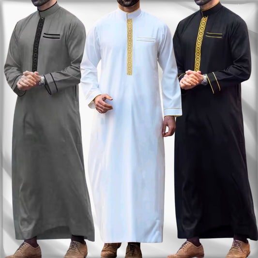 Luxury Embroidered Men’s Thobe – Muslim Kaftan Robe | Arabic Galabiya Jubba | Eid Outfit | Islamic Wear for Men