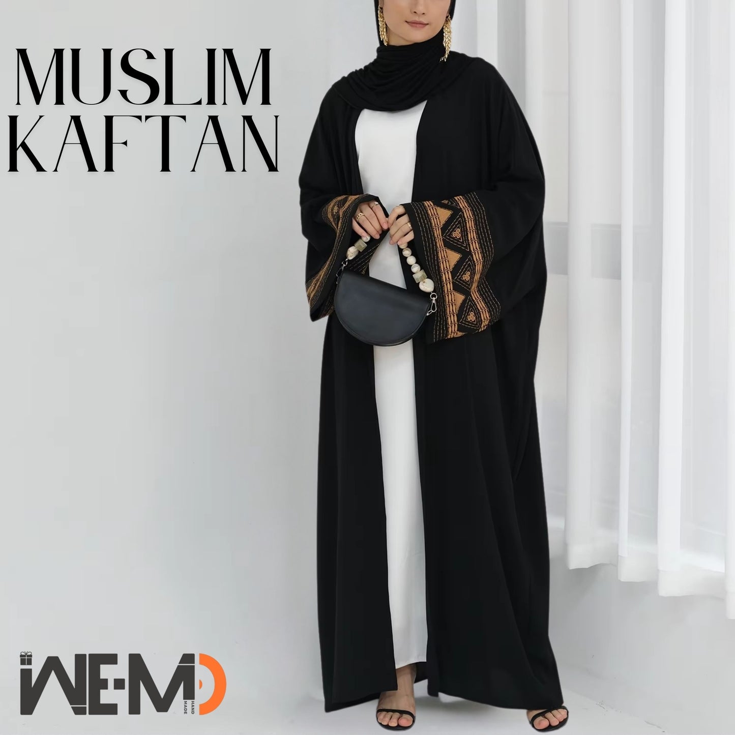 Black embroidered abaya with open front – Muslim women’s kaftan for Eid, prayer, and daily wear