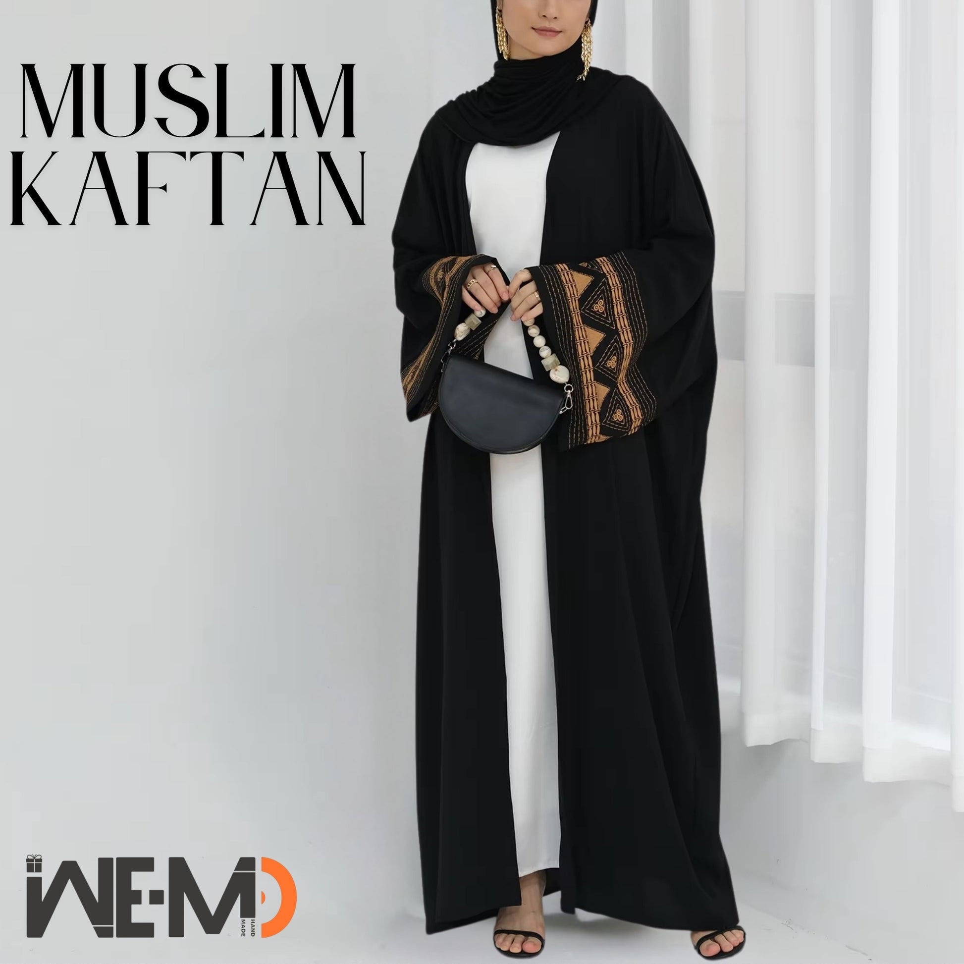 Black embroidered abaya with open front – Muslim women’s kaftan for Eid, prayer, and daily wear
