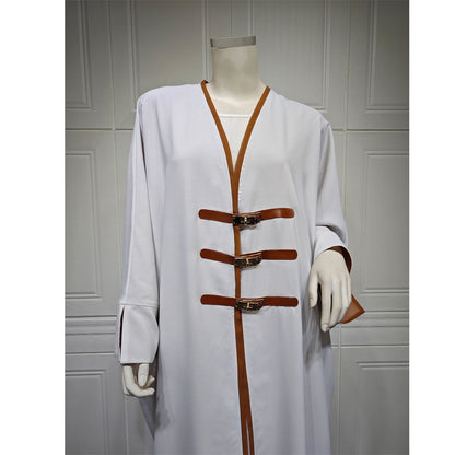 Luxury Dubai Style Abaya for Women – Buckle Kaftan Thobe | Modest Muslim Jilbab Dress | Open Kimono Cardigan for Eid, Ramadan, Prayer, Nikkah