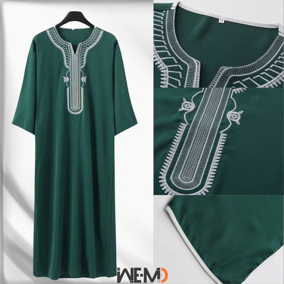 Moroccan Style Men's Thobe – Traditional Embroidered Islamic Caftan Jalabiya Robe | Muslim Clothing for Eid, Ramadan & Prayer