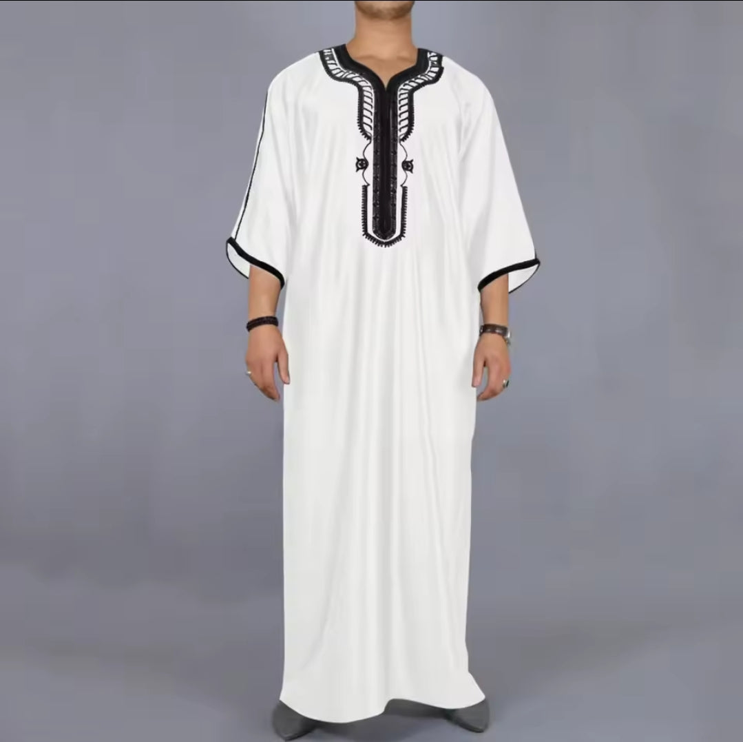 Moroccan Style Men's Thobe – Traditional Embroidered Islamic Caftan Jalabiya Robe | Muslim Clothing for Eid, Ramadan & Prayer