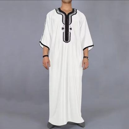 Moroccan Style Men's Thobe – Traditional Embroidered Islamic Caftan Jalabiya Robe | Muslim Clothing for Eid, Ramadan & Prayer