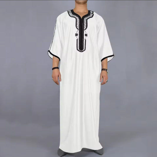 Moroccan Style Men's Thobe – Traditional Embroidered Islamic Caftan Jalabiya Robe | Muslim Clothing for Eid, Ramadan & Prayer