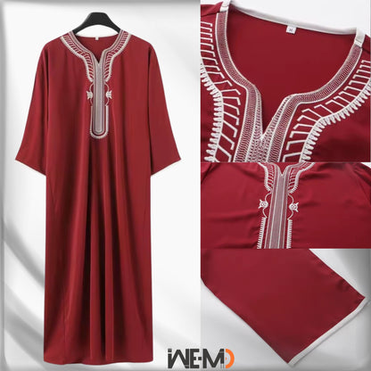 Moroccan Style Men's Thobe – Traditional Embroidered Islamic Caftan Jalabiya Robe | Muslim Clothing for Eid, Ramadan & Prayer