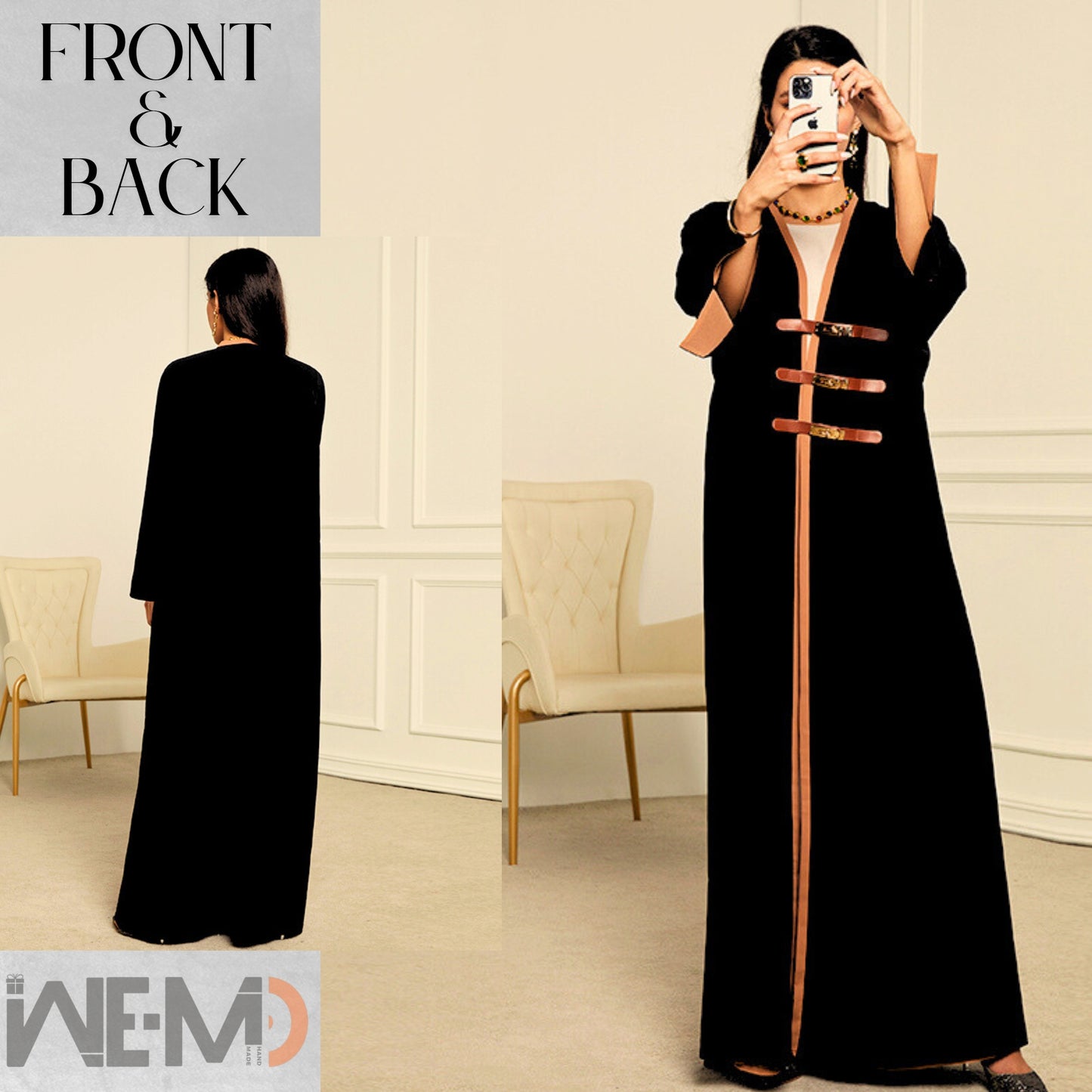 Luxury Dubai Style Abaya for Women – Buckle Kaftan Thobe | Modest Muslim Jilbab Dress | Open Kimono Cardigan for Eid, Ramadan, Prayer, Nikkah