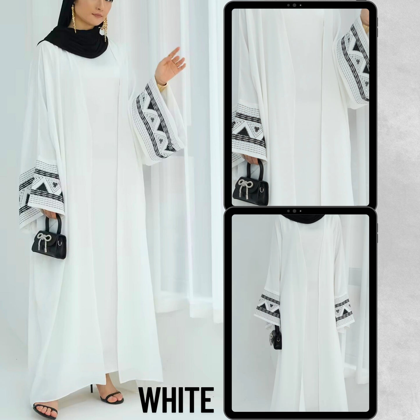 Minimalist white abaya with black geometric sleeve embroidery – modest jilbab dress