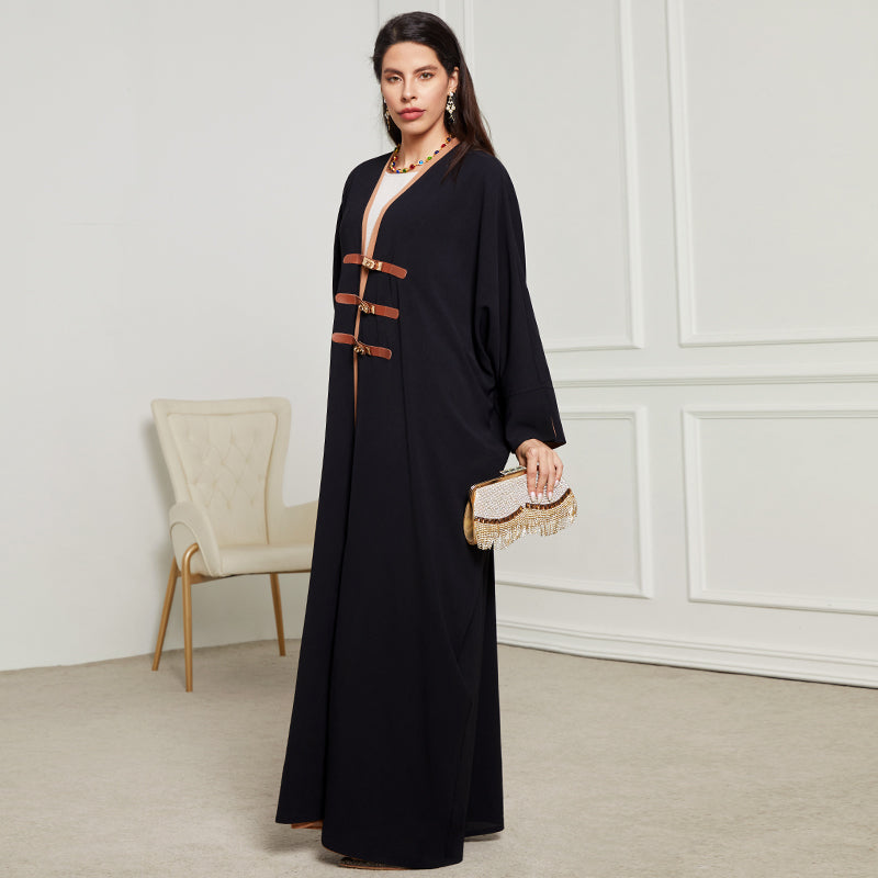 Luxury Dubai Style Abaya for Women – Buckle Kaftan Thobe | Modest Muslim Jilbab Dress | Open Kimono Cardigan for Eid, Ramadan, Prayer, Nikkah