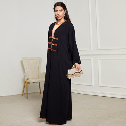 Luxury Dubai Style Abaya for Women – Buckle Kaftan Thobe | Modest Muslim Jilbab Dress | Open Kimono Cardigan for Eid, Ramadan, Prayer, Nikkah