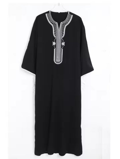 Moroccan Style Men's Thobe – Traditional Embroidered Islamic Caftan Jalabiya Robe | Muslim Clothing for Eid, Ramadan & Prayer